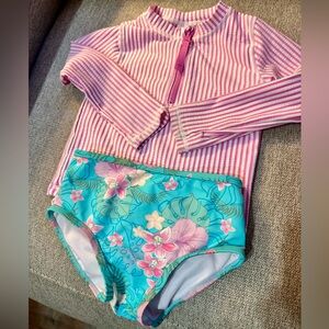 3T Ruffle Butts Pink Striped and Floral Blue Rashguard Set